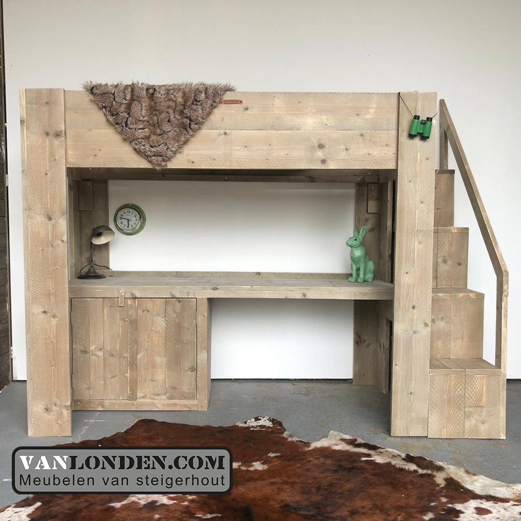 Steigerhouten hoogslaper met bureau Rowie