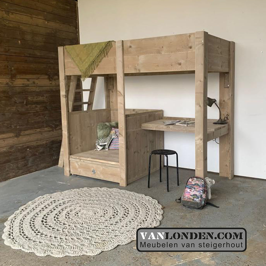 Steigerhouten hoogslaper met bureau Cederic