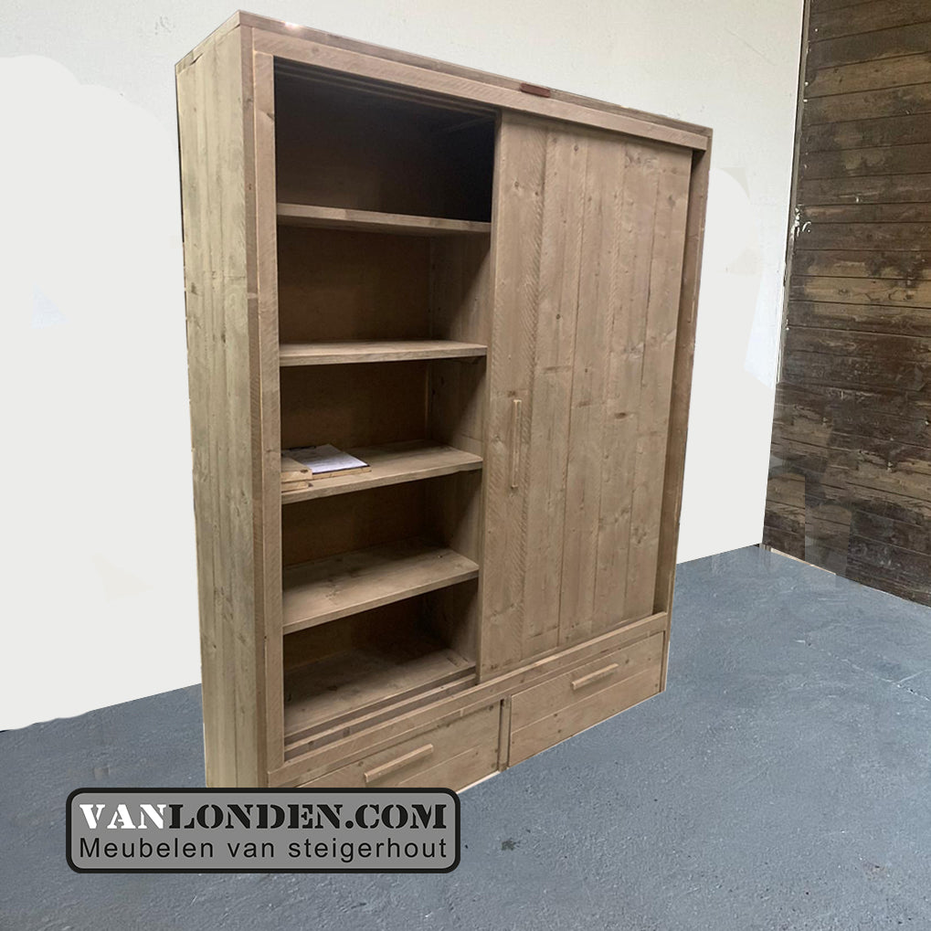 Steigerhouten kast met schuifdeuren en lades Toby
