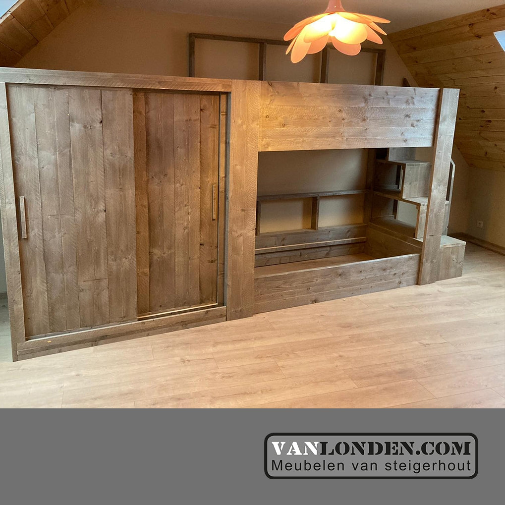 Steigerhouten stapelbed met kast Floris