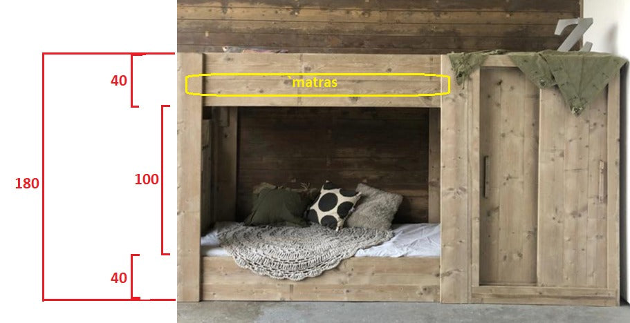 Steigerhouten stapelbed met kast Yennick