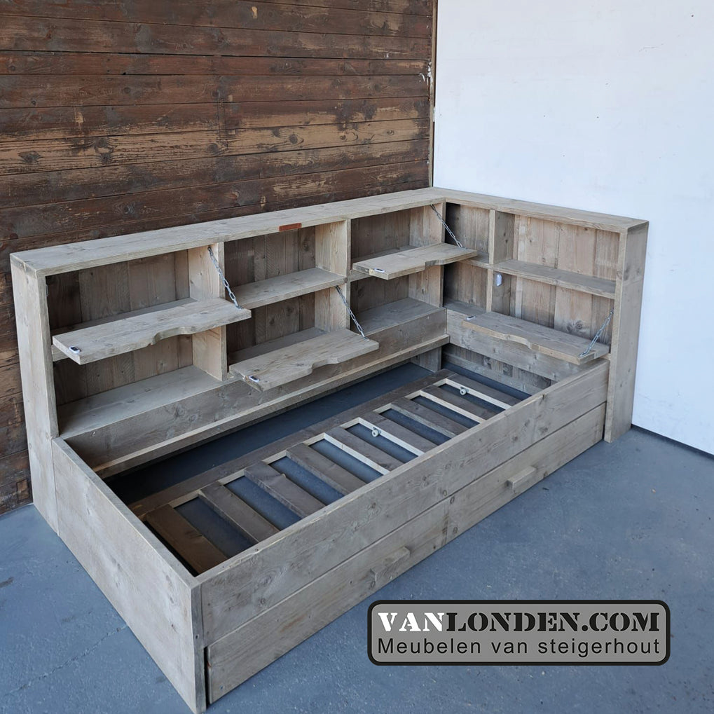 Steigerhouten bed met logeerlade Myriam