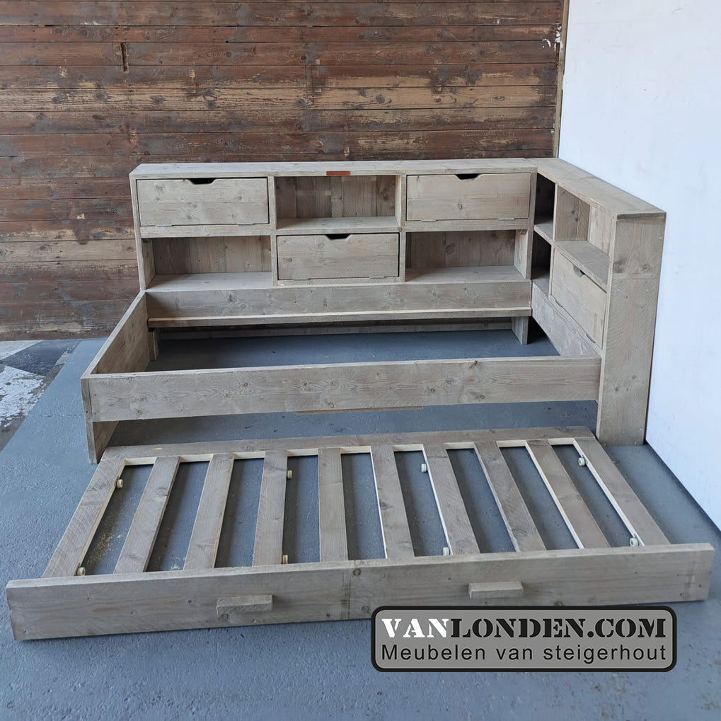 Steigerhouten bed met logeerlade Myriam