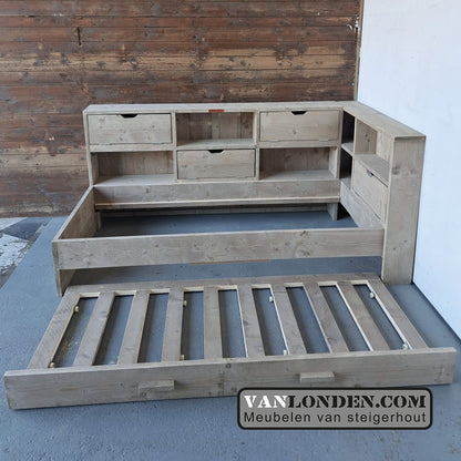 Steigerhouten bed met logeerlade Myriam