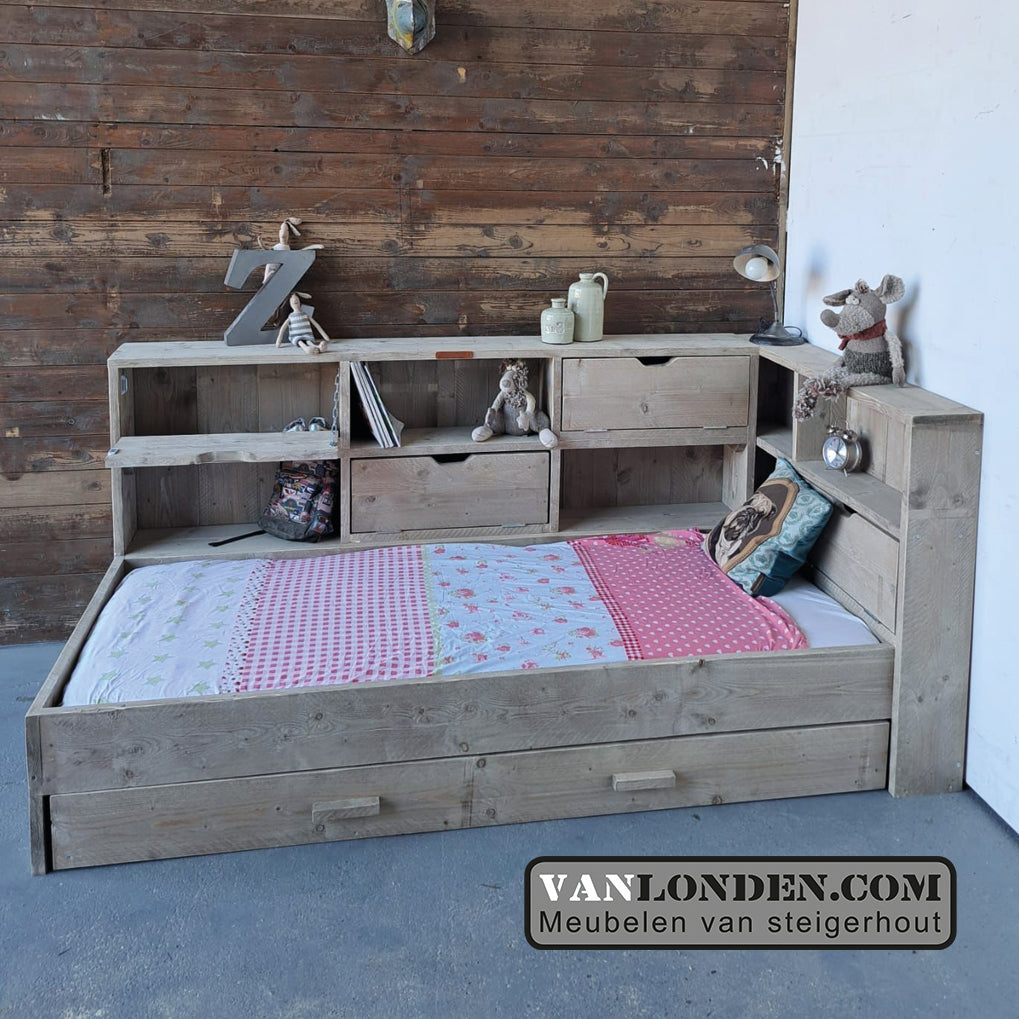 Steigerhouten bed met logeerlade Myriam