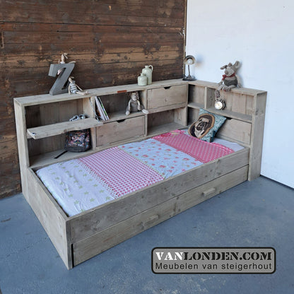 Steigerhouten bed met logeerlade Myriam