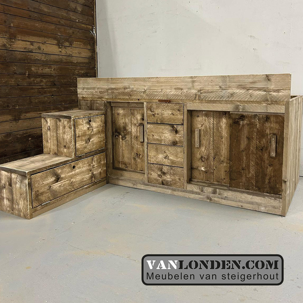 Steigerhouten half-hoogslaper met kast Willis