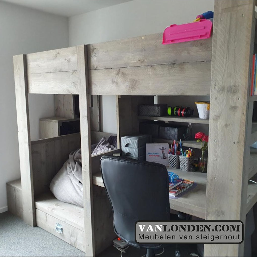 Steigerhouten hoogslaper met bureau Alicia
