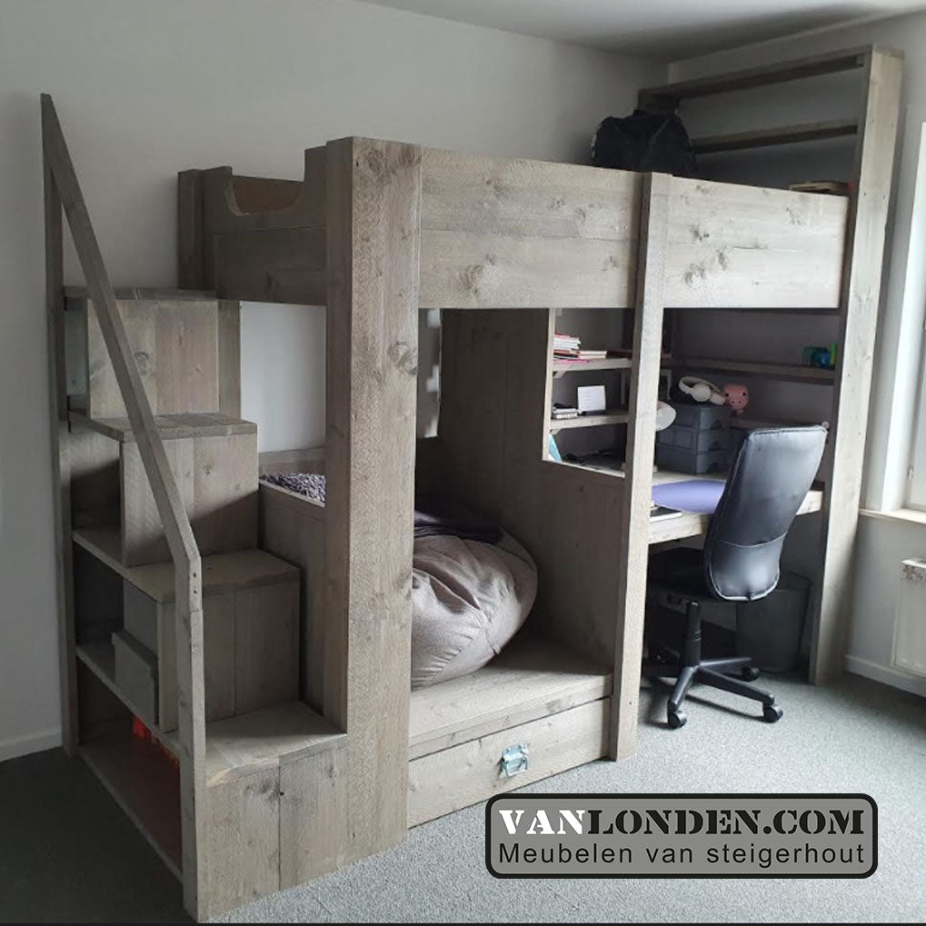 Steigerhouten hoogslaper met bureau Alicia