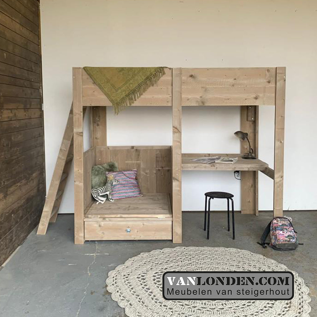 Steigerhouten hoogslaper met bureau Cederic