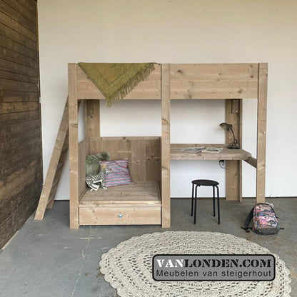 Steigerhouten hoogslaper met bureau Cederic