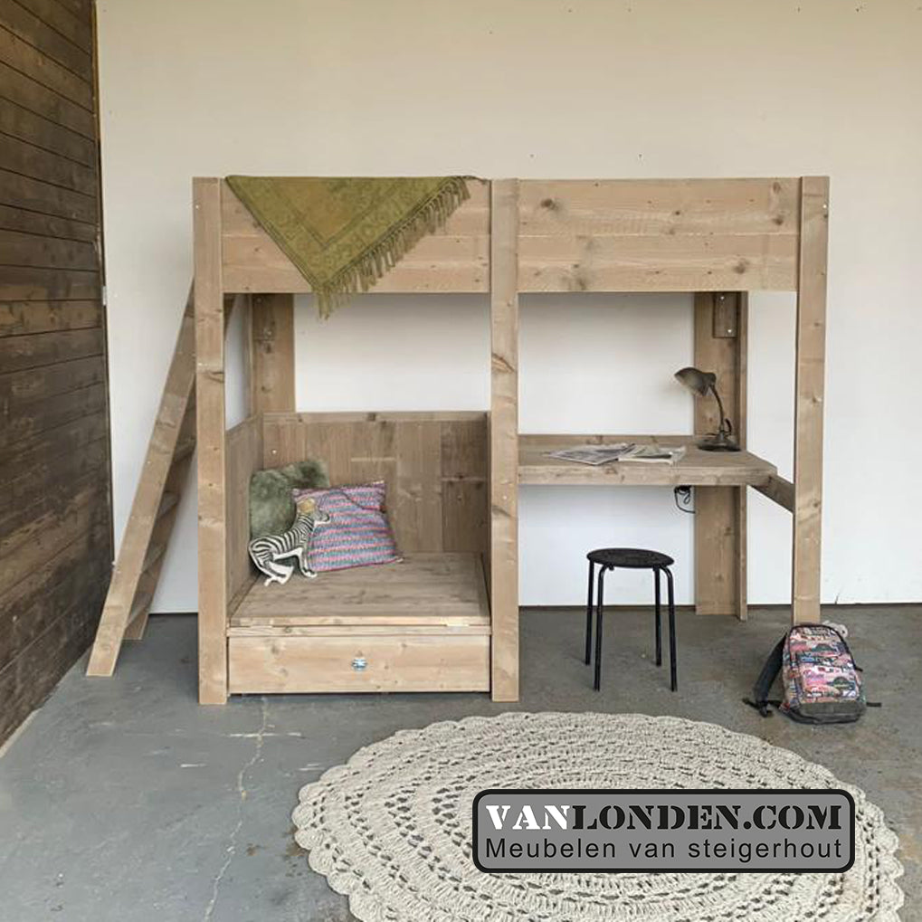 Steigerhouten hoogslaper met bureau Cederic