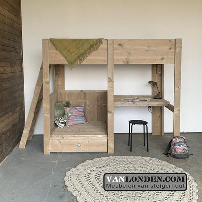 Steigerhouten hoogslaper met bureau Cederic