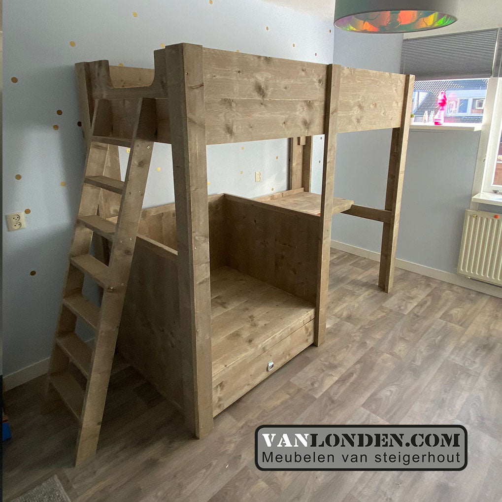 Steigerhouten hoogslaper met bureau Celine