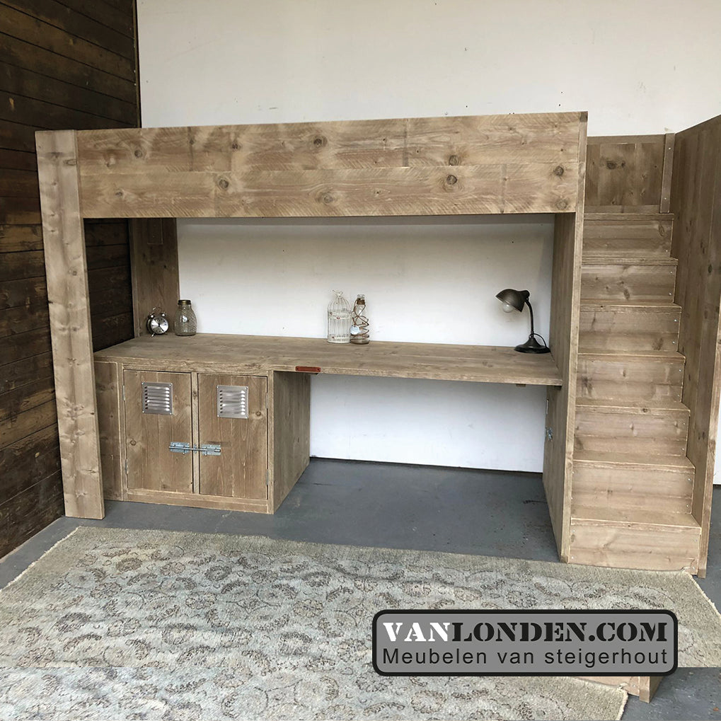 Steigerhouten hoogslaper met bureau Ronan