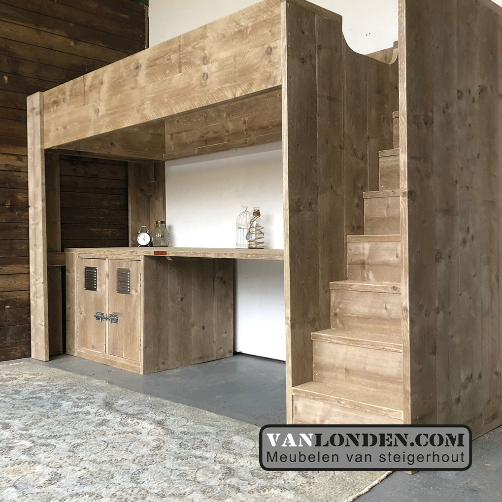Steigerhouten hoogslaper met bureau Ronan