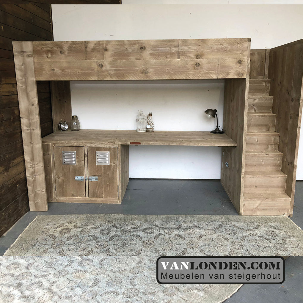 Steigerhouten hoogslaper met bureau Ronan