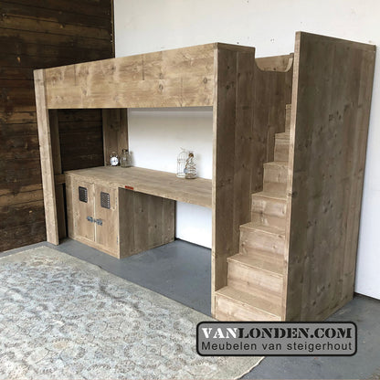 Steigerhouten hoogslaper met bureau Ronan