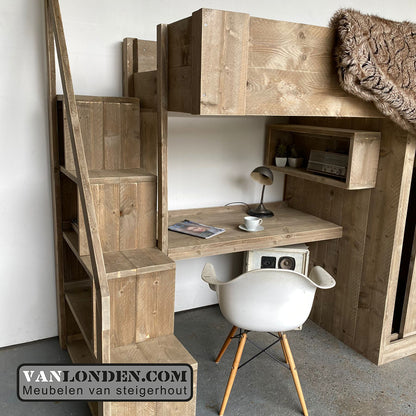 Steigerhouten hoogslaper met bureau en kast Babs