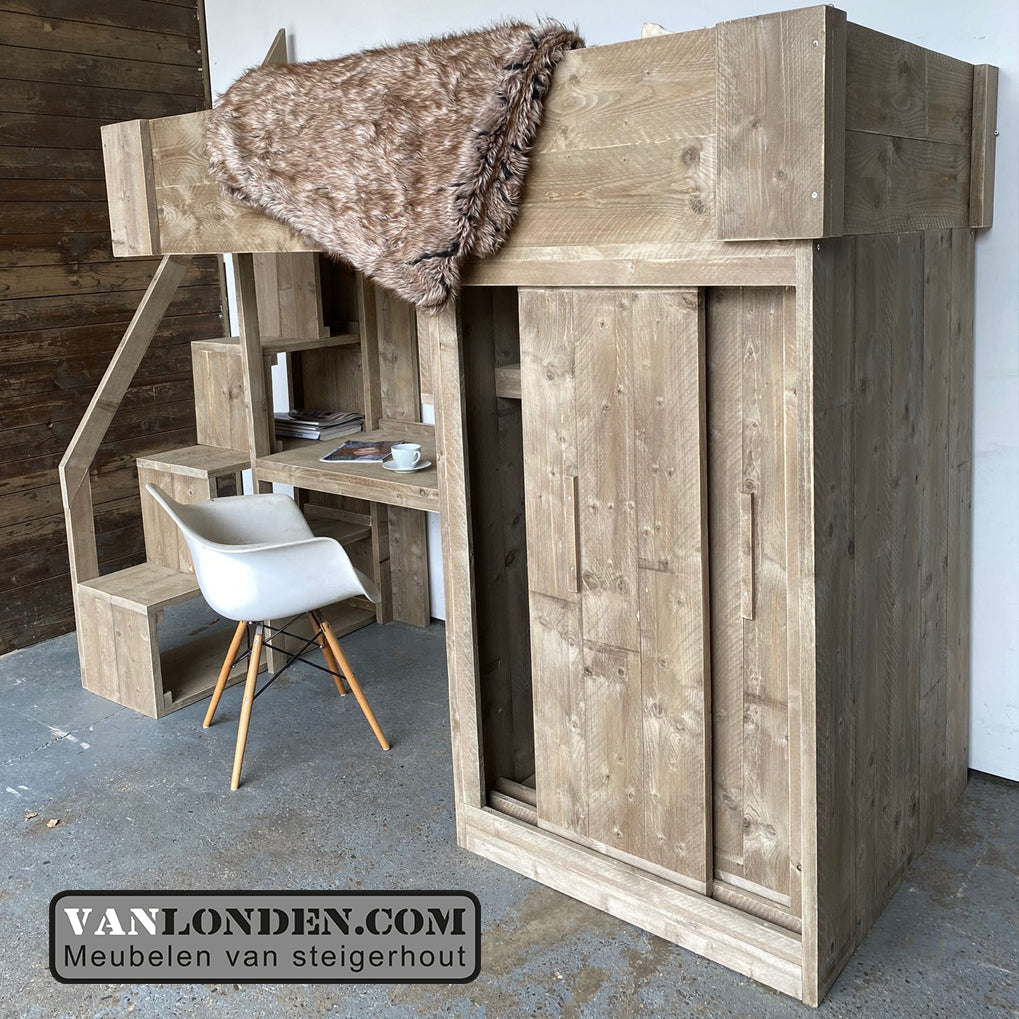 Steigerhouten hoogslaper met bureau en kast Babs