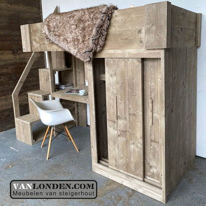 Steigerhouten hoogslaper met bureau en kast Babs