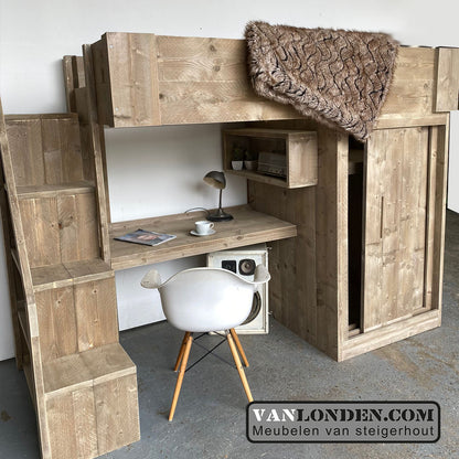 Steigerhouten hoogslaper met bureau en kast Babs