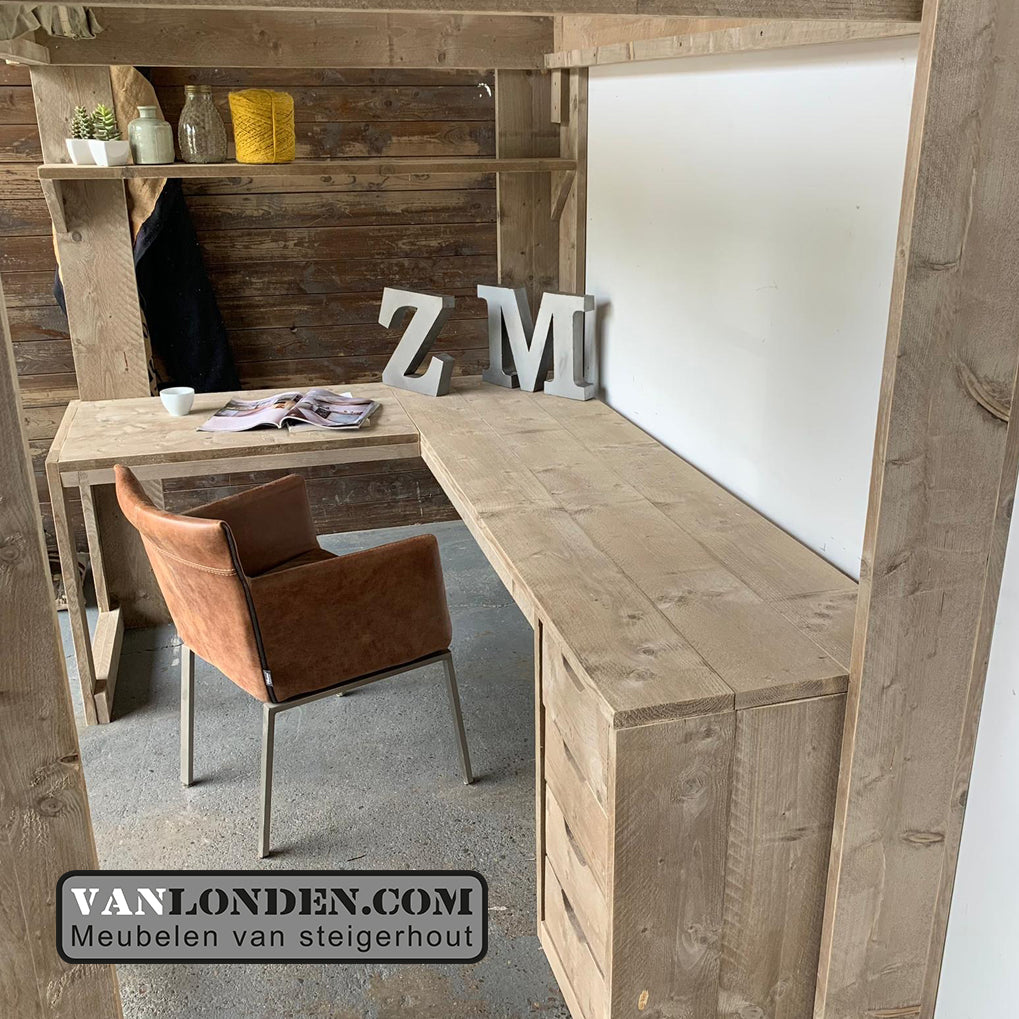 Steigerhouten hoogslaper met hoekbureau Manu