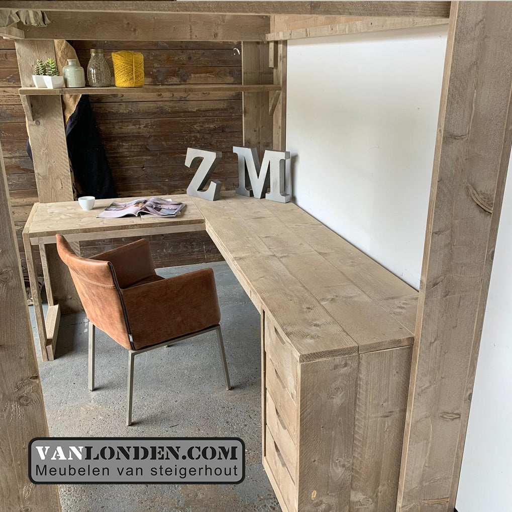 Steigerhouten hoogslaper met hoekbureau Manu