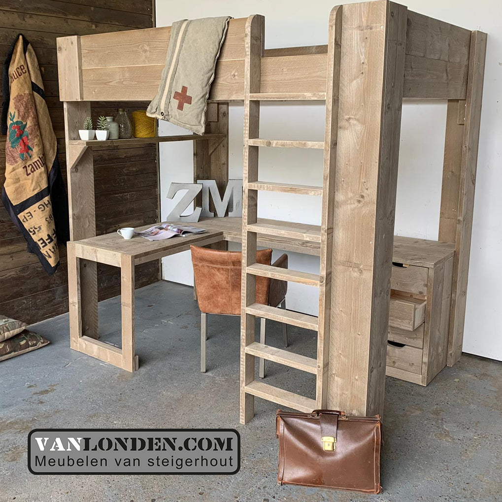 Steigerhouten hoogslaper met hoekbureau Manu