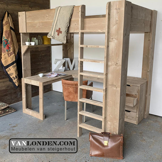 Steigerhouten hoogslaper met hoekbureau Manu