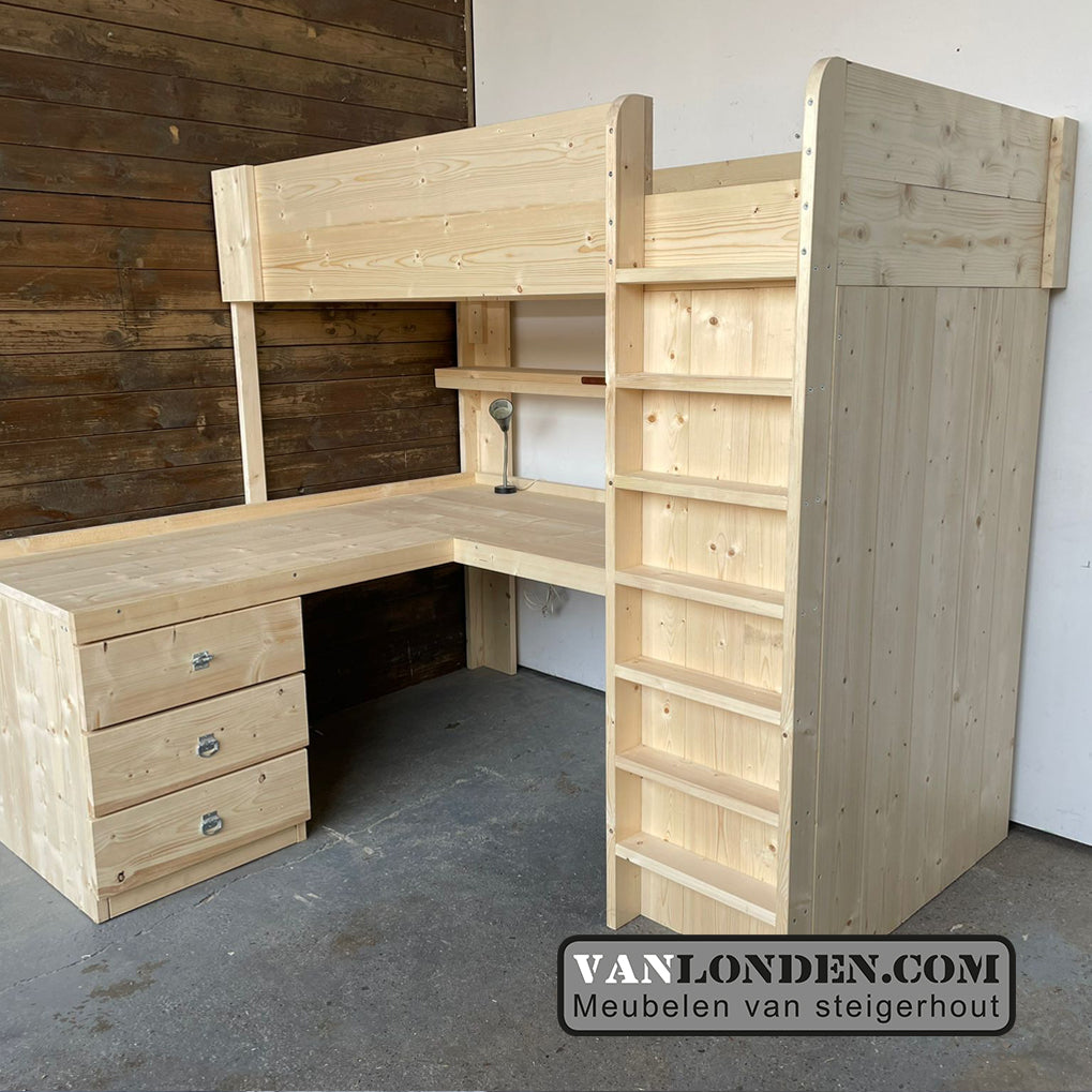 Steigerhouten hoogslaper met hoekbureau Marcel