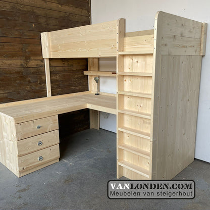 Steigerhouten hoogslaper met hoekbureau Marcel