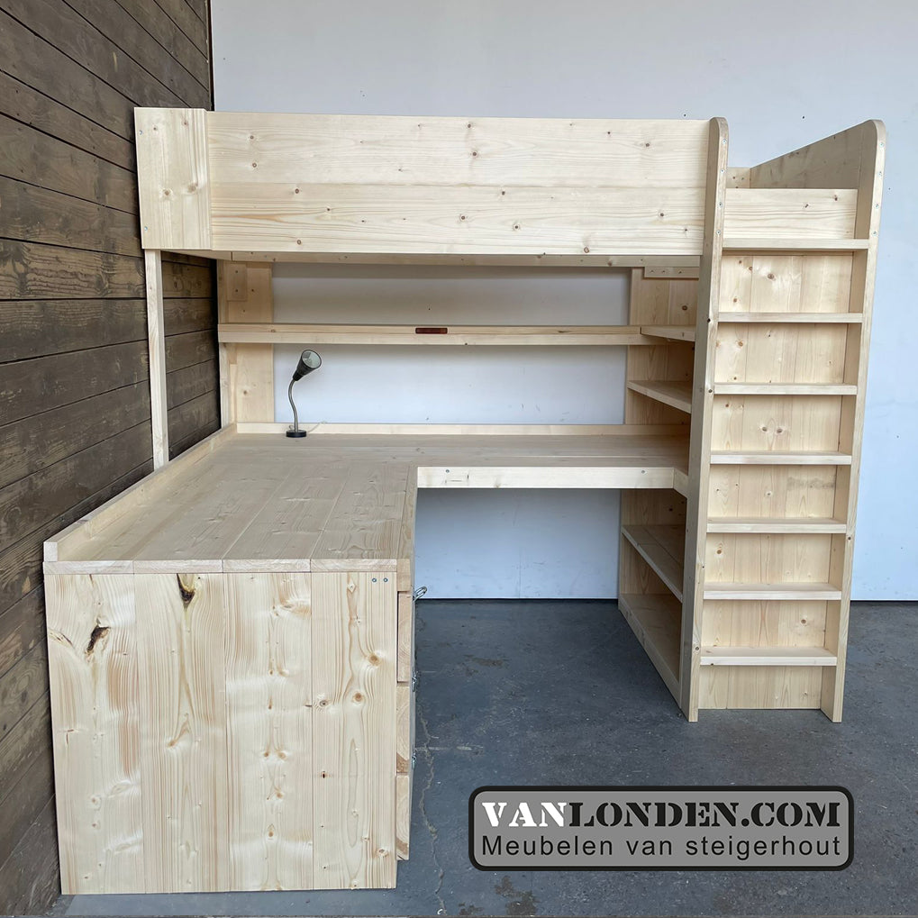 Steigerhouten hoogslaper met hoekbureau Marcel