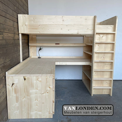 Steigerhouten hoogslaper met hoekbureau Marcel