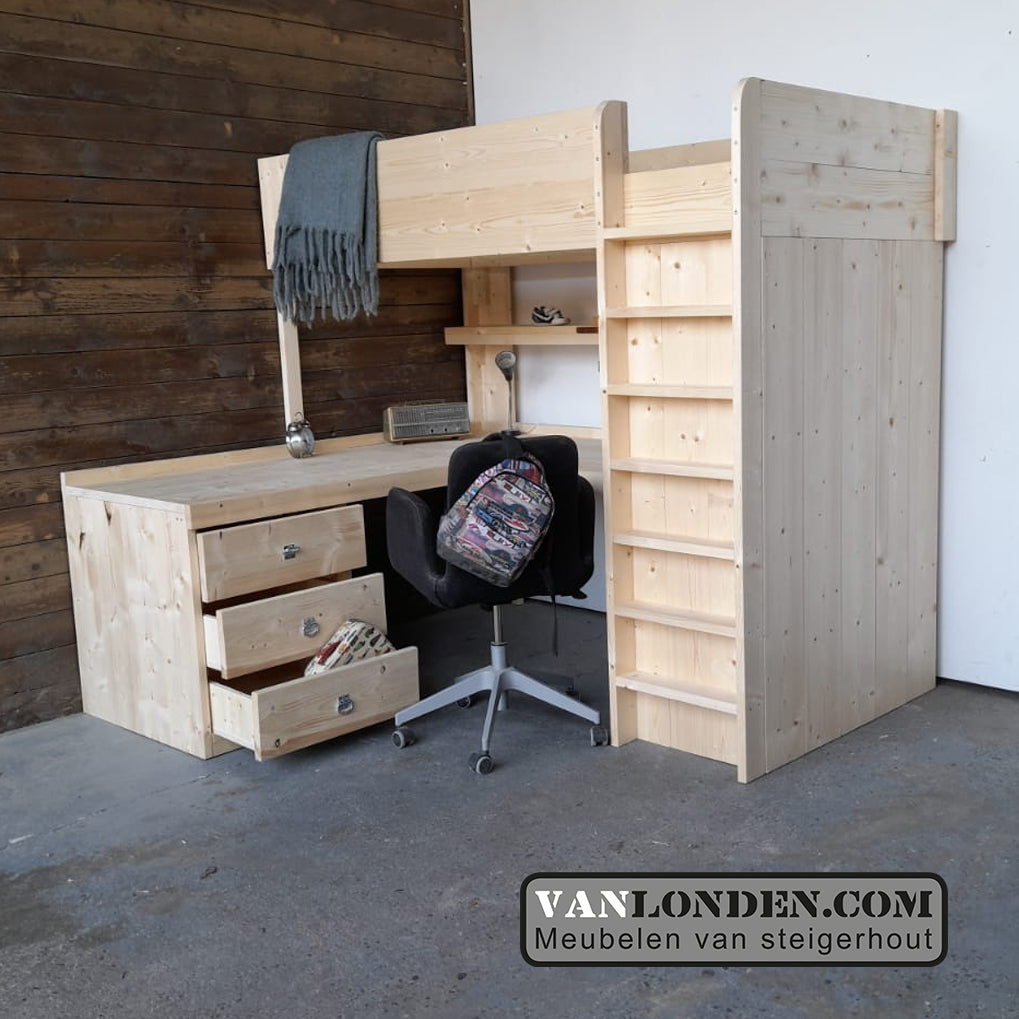 Steigerhouten hoogslaper met hoekbureau Marcel