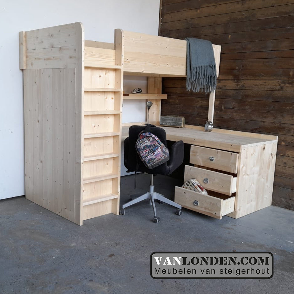 Steigerhouten hoogslaper met hoekbureau Marcel