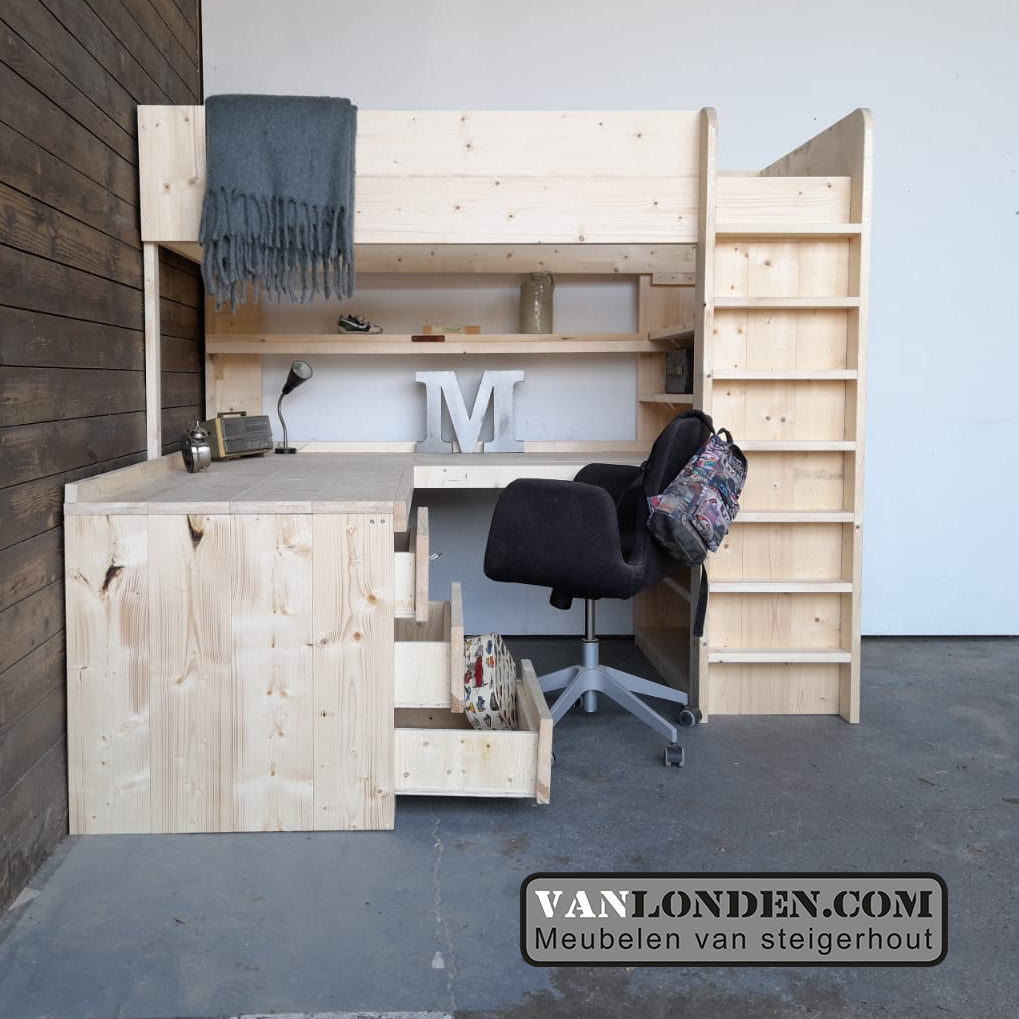 Steigerhouten hoogslaper met hoekbureau Marcel