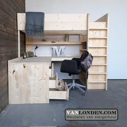 Steigerhouten hoogslaper met hoekbureau Marcel