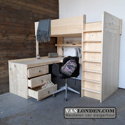 Steigerhouten hoogslaper met hoekbureau Marcel