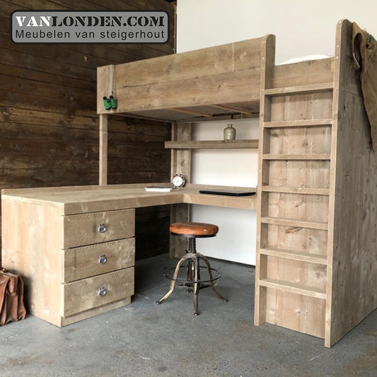 Steigerhouten hoogslaper met hoekbureau Mike