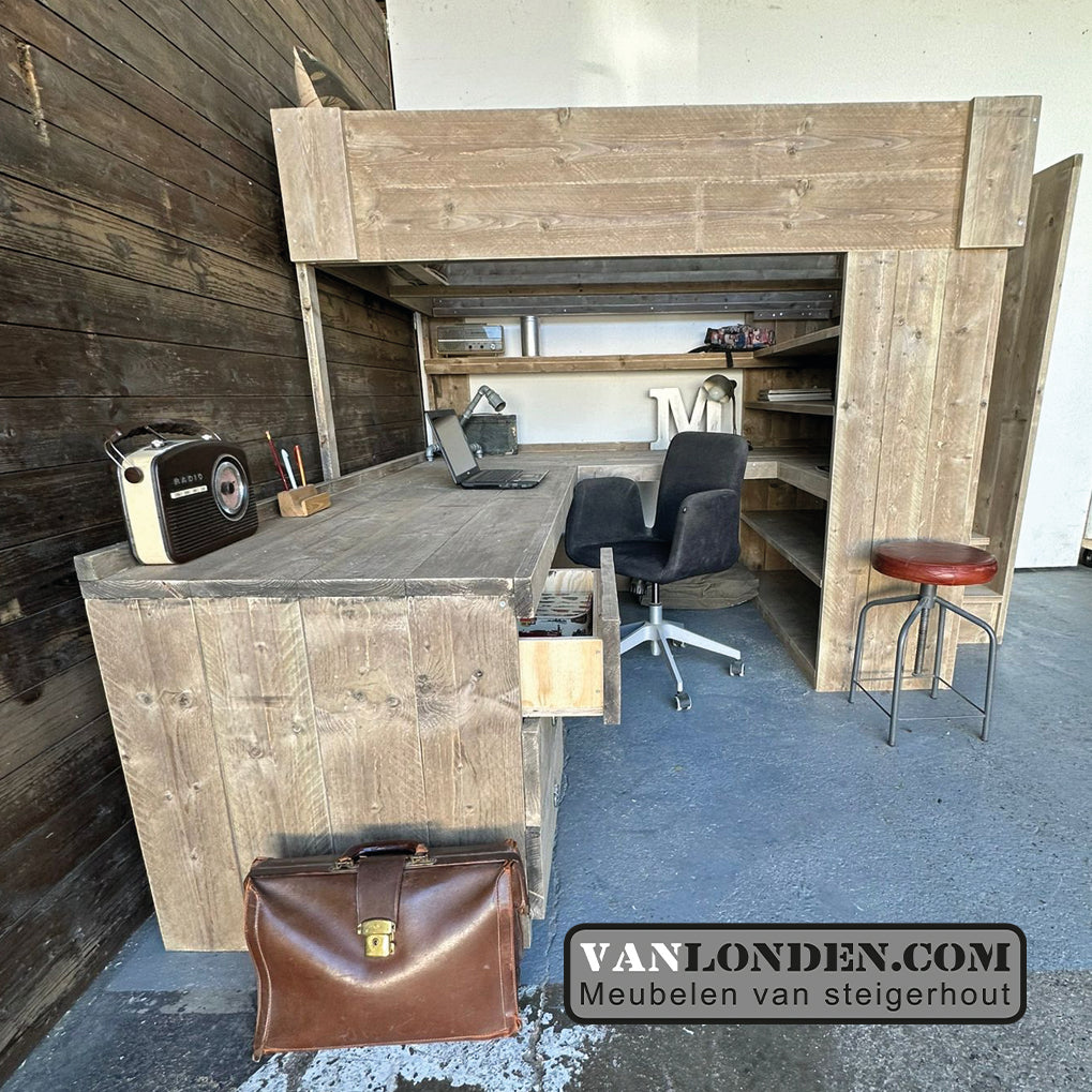 Steigerhouten hoogslaper met hoekbureau Milan