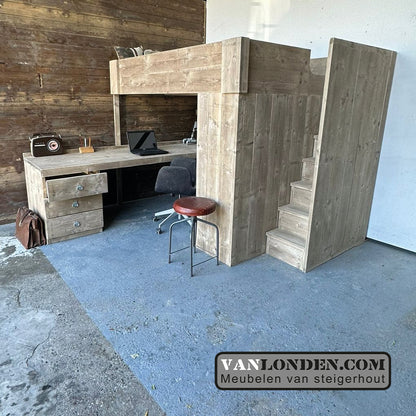 Steigerhouten hoogslaper met hoekbureau Milan