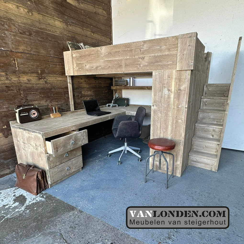 Steigerhouten hoogslaper met hoekbureau Milan