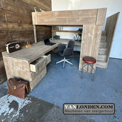 Steigerhouten hoogslaper met hoekbureau Milan