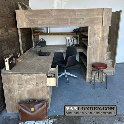 Steigerhouten hoogslaper met hoekbureau Milan