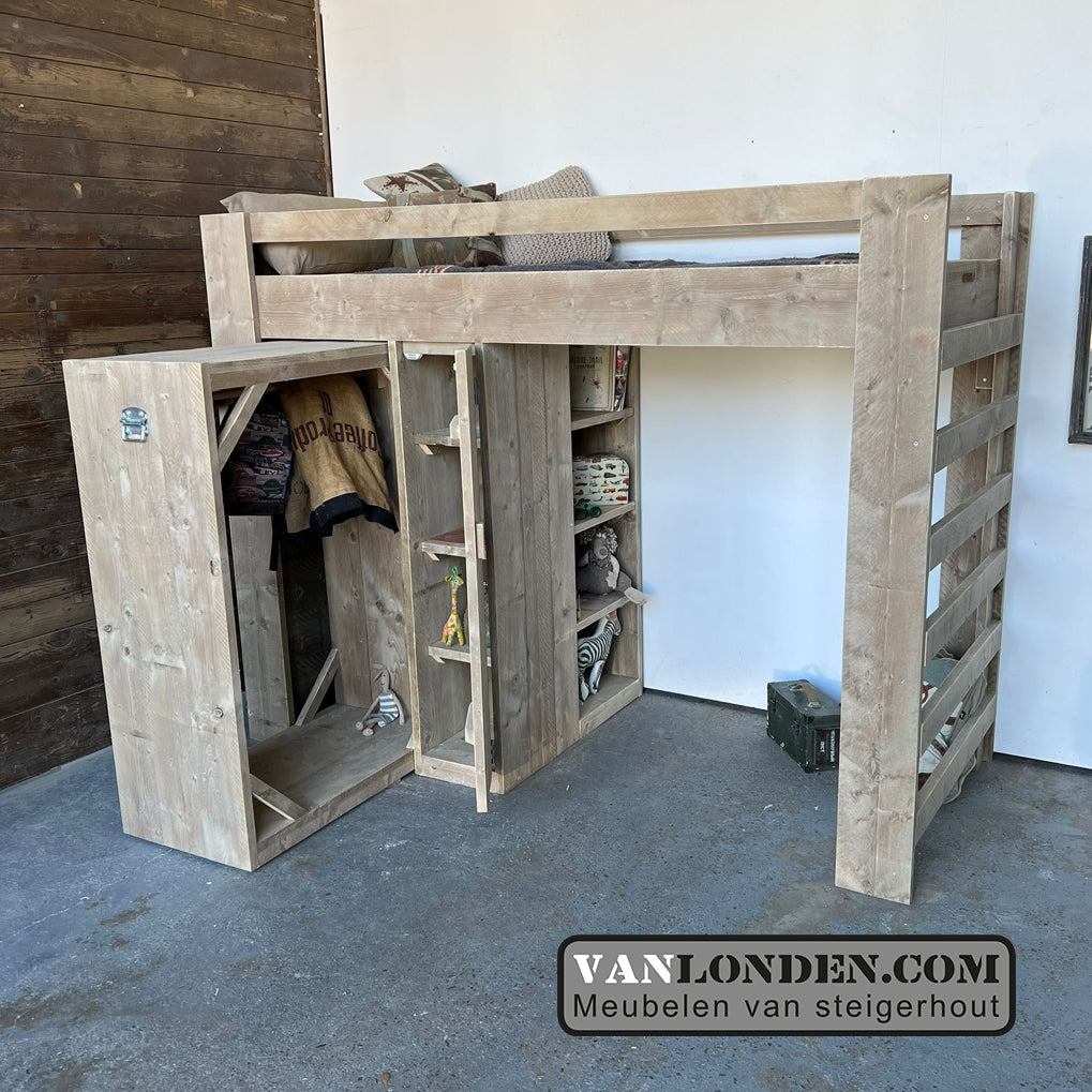 Steigerhouten hoogslaper met kast Wendy