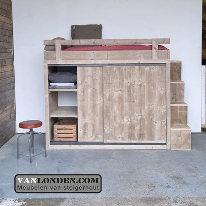 Steigerhouten hoogslaper met kast William
