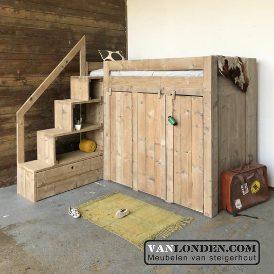 Steigerhouten hoogslaper met kast en trapkast Joppe