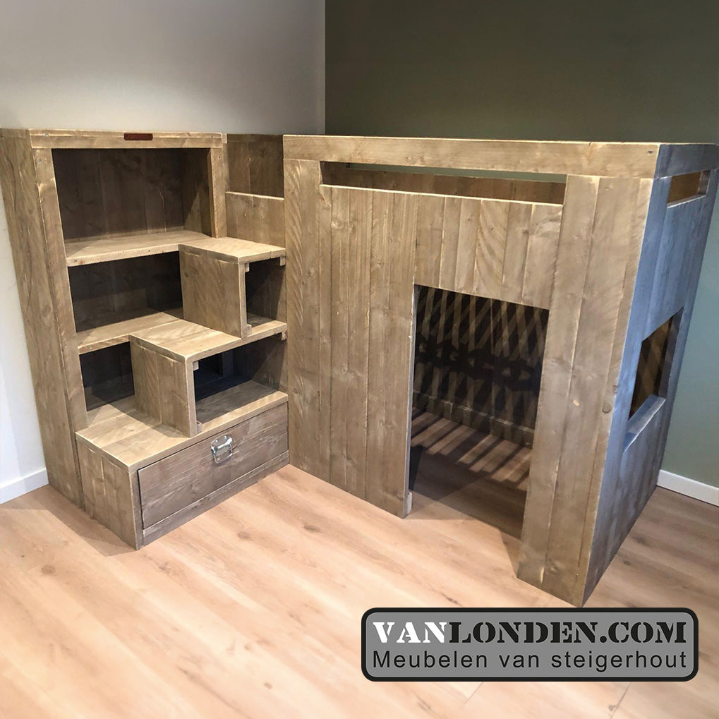 Steigerhouten hoogslaper met kast Josje