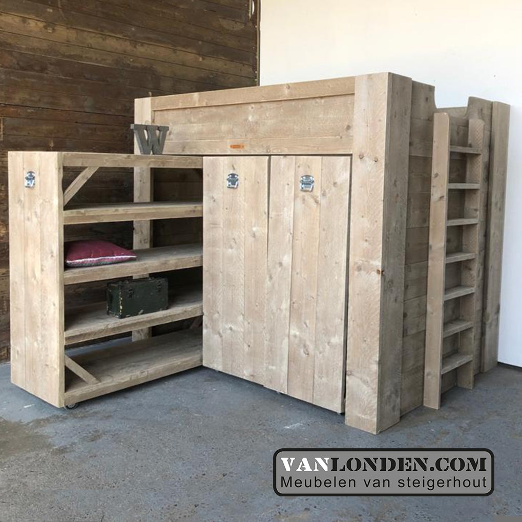 Steigerhouten hoogslaper met kasten Jake